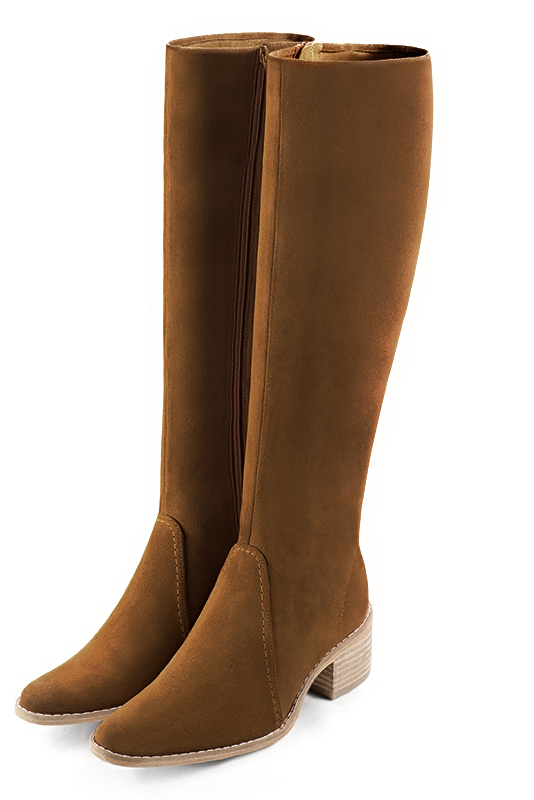 Caramel brown women's riding knee-high boots. Round toe. Low leather soles. Made to measure. Front view - Florence KOOIJMAN